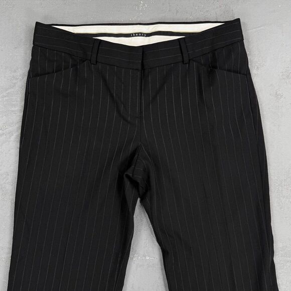 2000s Theory Max C Low-Waisted Flared Leg Black on Black Striped Trousers Sz 10 - Picture 2 of 6